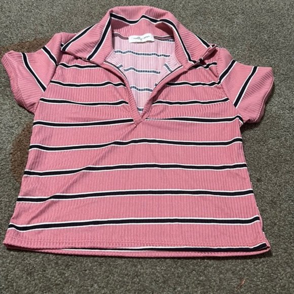 Tops - V neck pink with black and white stripes